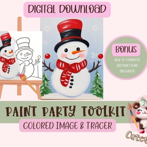 May include: Digital download paint party toolkit featuring a snowman with a red and white scarf and a black hat. The toolkit includes a colored image and a tracer.