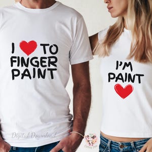 Camisetas divertidas para parejas a juego: diseño de pintura con los dedos: lindas camisetas para él y para ella, San Valentín, aniversario, regalo para parejas, descarga digital PNG