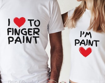Camisetas divertidas para parejas a juego: diseño de pintura con los dedos: lindas camisetas para él y para ella, San Valentín, aniversario, regalo para parejas, descarga digital PNG