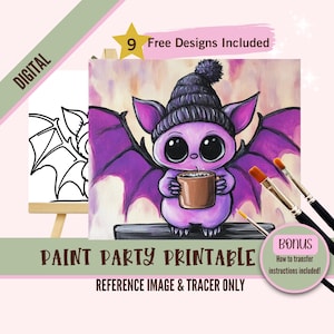 May include: Digital download of a paint party printable featuring a purple bat wearing a purple and white hat and holding a mug of hot chocolate. The image includes a black and white tracer.