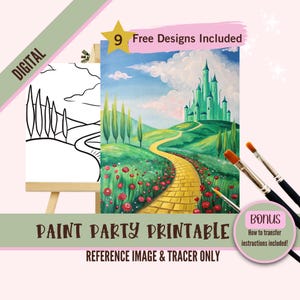 Fiesta de pintura de magos imprimible, plantilla de pintura de castillo encantado, arte de bricolaje de camino de ladrillos amarillos, descarga de noche de pintura de fantasía