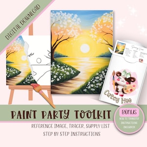 Kit de imágenes imprimibles de fiesta de pintura para adultos diy, instrucciones de descarga de diseño de plantilla Png predibujadas para sorber y pintar, esquema de pintura sobre lienzo,