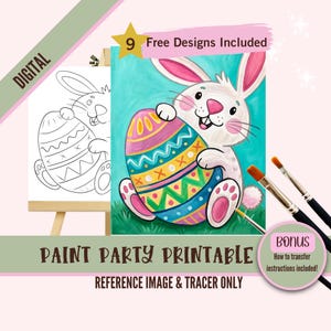 May include: Digital printable paint party design featuring a white bunny holding a colorful Easter egg. The design includes a reference image and a tracer for easy painting.