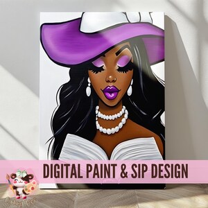 Pode incluir: Design de pintura digital com uma mulher de cabelo preto comprido usando um chap&eacute;u roxo e um colar de p&eacute;rolas. Ela est&aacute; segurando um livro e olhando para ele. O design &eacute; perfeito para um evento de pintura e degusta&ccedil;&atilde;o.