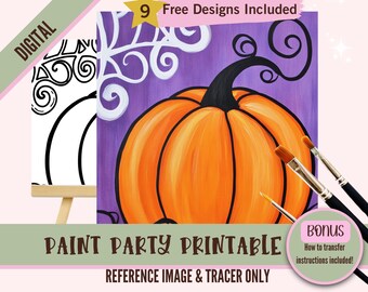 May include: Digital printable paint party reference image and tracer for a pumpkin with a swirling vine design.  9 free designs included. Bonus instructions on how to transfer the image are also included.
