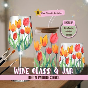 Tulp wijnglas en pot verffeest, voorgetekende stencils, doe-het-zelf verfset, nippen en schilderen, date night art, bloemen digitale downloadsjabloon
