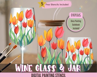 May include: Digital painting stencil for a wine glass and jar featuring a tulip design. The stencil includes five free stencils and a glass painting guidebook.