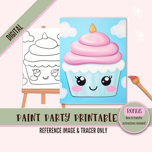 Kawaii Cupcake DIY Sip N Paint Canvas Print Instant Digital Download for Art Parties, Png Party Stencil, Date Night Sip and Paint Printable