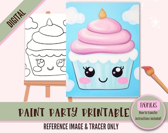 Kawaii Cupcake DIY Sip N Paint Canvas Print Instant Digital Download for Art Parties, Png Party Stencil, Date Night Sip and Paint Printable