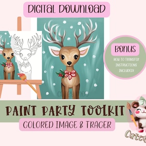 May include: Digital download paint party toolkit featuring a cute cartoon reindeer with a red flower and green holly. The toolkit includes a colored image and a tracer for painting.
