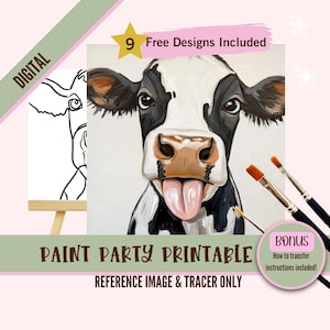 Kit per feste con sorseggiamenti e pittura di mucche da fattoria, tela, modello pre-disegnato per feste artistiche fai da te, stencil stampabile, contorno PNG per la serata di pittura, file digitale