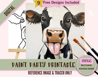 Kit de fiesta de pintura y sorbos de vacas de granja, plantilla prediseñada para fiestas de arte de bricolaje, plantilla imprimible, contorno PNG de noche de pintura, archivo digital