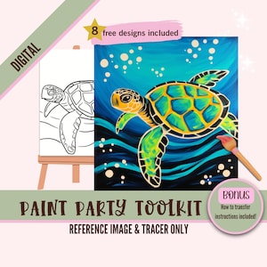 Arte familiar de tortugas marinas, kit de pintura y lienzo para beber para adultos, pinturas de tortugas bebés, lienzo predibujado, plantilla de fiesta de bricolaje, noche de pintura imprimible