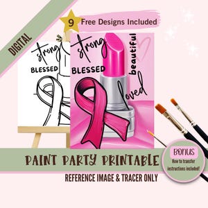 Fête de gorgée et de peinture de survivante du cancer du sein, modèle pré dessiné guerrier du cancer pour des fêtes d'art bricolage, pochoir imprimable, contour de nuit de peinture