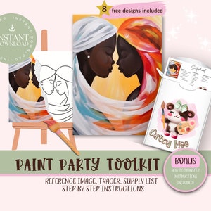 Diy Paint Party Printable Toolkit For Parties, Girls Night Out, Birthday, Bridal Shower, Bachelorette, Afro Woman,Sip and Paint Party Kits