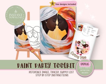 Diy Paint Party Printable Toolkit For Parties, Girls Night Out, Birthday, Bridal Shower, Bachelorette, Afro Woman,Sip and Paint Party Kits