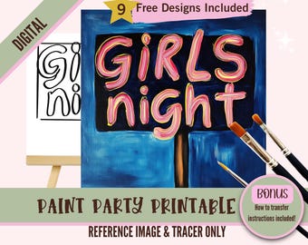 Sip and Paint Party Kit Canvas, Pre drawn Template for DIY Art Parties, Printable Stencil, Girl's Paint Night Png Outline, Digital Download