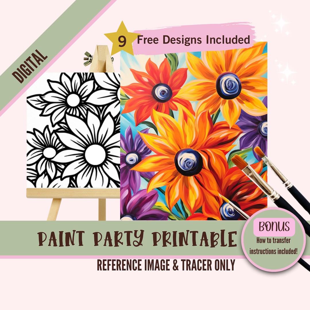 Sip and Paint Canvas Kit - Pre Drawn Colorful Flowers, Paint Party ...