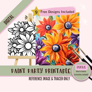 Nip en verf canvaskit - voorgetekende kleurrijke bloemen, verffeesttoolkit, doe-het-zelf afdrukbare art-tracer voor kinderen en volwassenen, leuke ambachtelijke activiteit