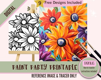 Sip and Paint Canvas Kit - Pre Drawn Colorful Flowers, Paint Party Toolkit, DIY Printable Art Tracer for Kids & Adults, Fun Craft Activity