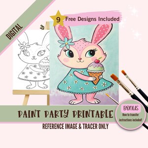 May include: A digital printable paint party design featuring a pink bunny holding an ice cream cone. The design includes a reference image and a tracer for easy painting.