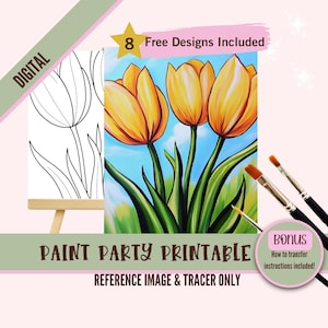 Gelbe Tulpe Farbe Party Printable | Frühlingsblumen Kunst Digitaler Download | Sommer Garten DIY Farbe & Schluck Vorlage | Blumen Kit