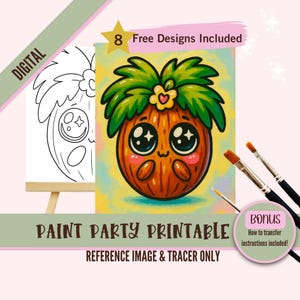 Könnte beinhalten: Ein digitaler Paint-Party-Druck mit einem niedlichen Cartoon-Ananas-Design. Das Bild enthält eine Farbvorlage und eine Umrisszeichnung mit dem Text "8 Free Designs Included". Bonus-Anweisungen sind enthalten. Pinsel sind ebenfalls sichtbar.
