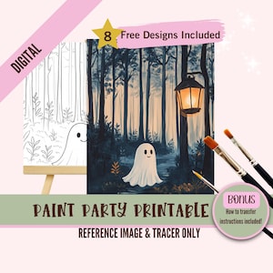 Ghost in Forest Paint Party Printable, Halloween DIY Art Kit for Kids, Lantern Path Silhouette Painting, Spooky Cute Activity Download