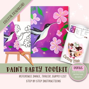 Verf en nip lente, doe-het-zelf verffeestset direct download, stapsgewijze instructies en leveringslijst, kolibrie bloemen download tracer