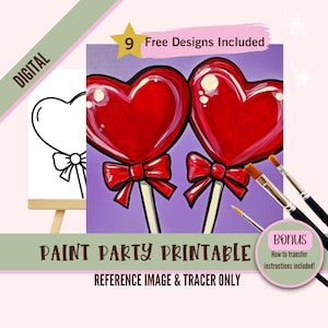 Puede incluir: Descarga digital de un imprimible de fiesta de pintura con dos piruletas rojas en forma de corazón sobre un fondo morado. El imprimible incluye una imagen de referencia y un trazador. El texto "9 diseños gratuitos incluidos" y "Bonus: ¡Instrucciones de transferencia incluidas!" también se incluye en la imagen.