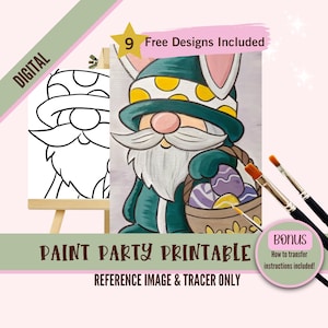 Plantilla imprimible para pintar gnomos de Pascua, plantilla para pintar gnomos de conejo, actividad de arte primaveral para hacer uno mismo, noche de pintura para niños, manualidad de descarga instantánea
