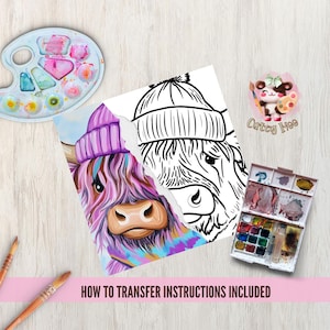May include: A coloring page featuring a Highland cow wearing a purple and pink beanie. The cow is shown with and without color, allowing for creative expression. The page includes the text "How to Transfer Instructions Included".