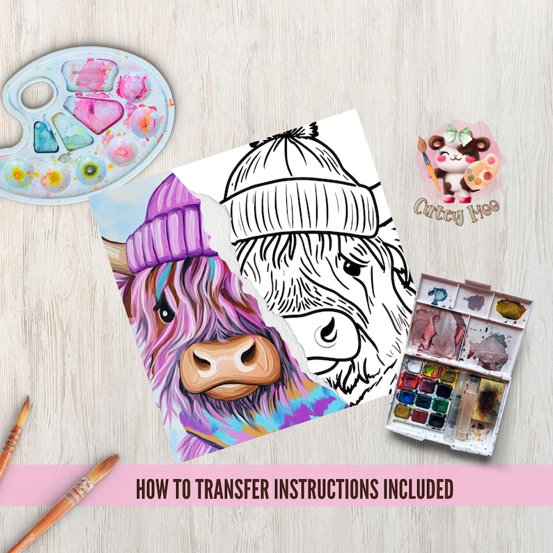 May include: A coloring page featuring a Highland cow wearing a purple and pink beanie. The cow is shown with and without color, allowing for creative expression. The page includes the text "How to Transfer Instructions Included".
