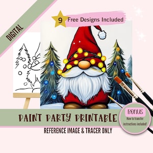 May include: Digital printable paint party design featuring a Christmas gnome with a red hat and white beard, wearing string lights, standing in front of two Christmas trees. The design includes a bonus how-to-transfer instructions.