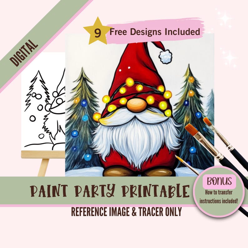 May include: Digital printable paint party design featuring a Christmas gnome with a red hat and white beard, wearing string lights, standing in front of two Christmas trees. The design includes a bonus how-to-transfer instructions.
