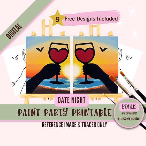 Adult Sip and Paint Date Night - Printable Predrawn Paint On Canvas Templates For Two - Perfect For Couples and Parties