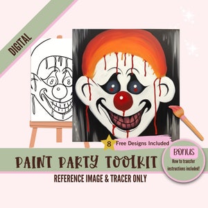 Pintura de fantasmas de bricolaje, plantilla de impresiones de lienzo de Halloween e imprimibles para fiestas de pintura y sorbos, esquema de diseño de sublimación PNG, payaso espeluznante