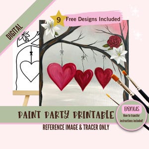 Festa de pintura de corações pendurados para impressão, modelo de arte em tela para namorados, traçador de pintura, design de noite de pintura faça você mesmo, download de coração romântico