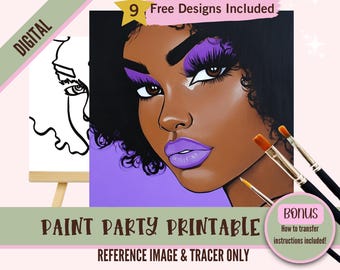 Woman Sip and Paint Party Kit Canvas, Pre drawn Template for DIY Art Parties, Printable Stencil, Paint Night Png Outline, Digital Download