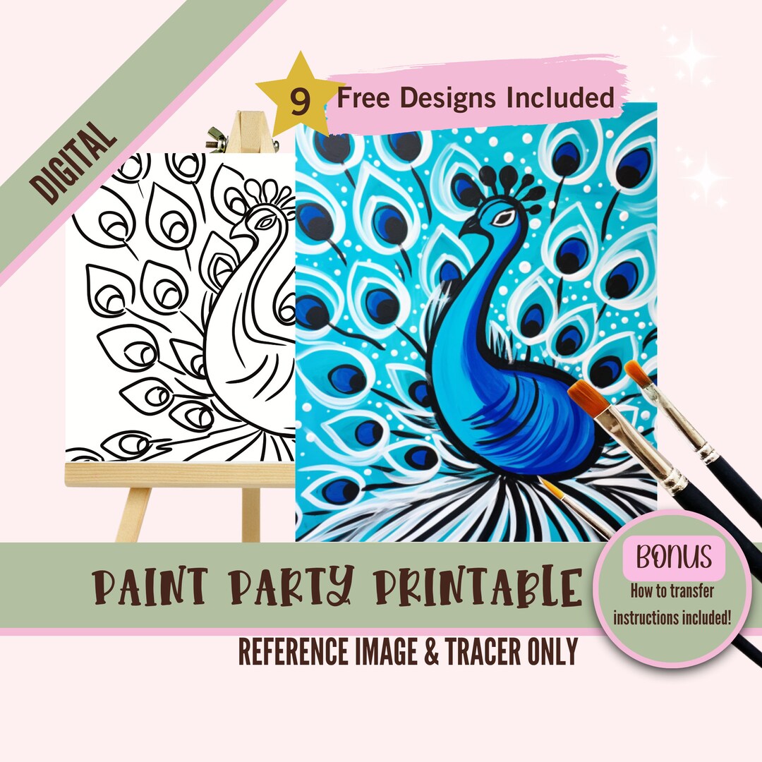 Peacock Sip and Paint Party Kit Canvas, Pre Drawn Template for DIY Art ...