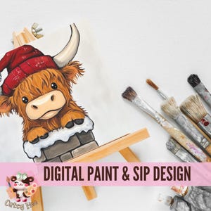 May include: Digital paint and sip design featuring a cute cartoon Highland cow wearing a Santa hat and peeking out of a brick chimney. The design is on a canvas on an easel with paintbrushes on a white surface.