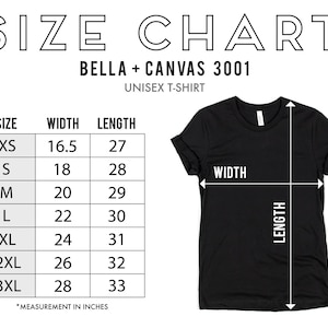 May include: Size chart for Bella + Canvas 3001 unisex t-shirts. The chart shows the width and length measurements in inches for sizes XS to 3XL.