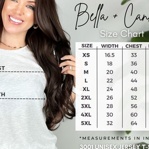 May include: Size chart for a unisex jersey t-shirt, showing measurements in inches for width, chest, and length. Sizes range from XS to 5XL.