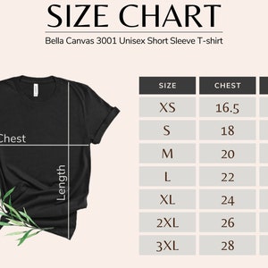 May include: Size chart for Bella Canvas 3001 Unisex Short Sleeve T-shirt. The chart shows chest and length measurements in inches for sizes XS to 3XL.