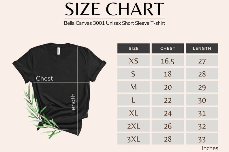 May include: Size chart for Bella Canvas 3001 Unisex Short Sleeve T-shirt. The chart shows chest and length measurements in inches for sizes XS to 3XL.