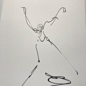 May include: A black ink line drawing of a person in a dancing pose, with arms raised and legs extended. The artwork is a minimalist sketch on white paper, with a signature in the lower right corner.