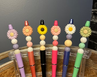 Beaded pen, custom gift, personal gifts, handmade, silicone beads, silicone pen, refillable pen, pen for teacher, daisy pen,
