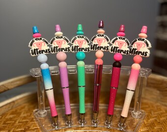 Beaded pen, custom gift, personal gifts, handmade, silicone beads, silicone pen, refillable pen, mind your own uterus, no uterus no opinion