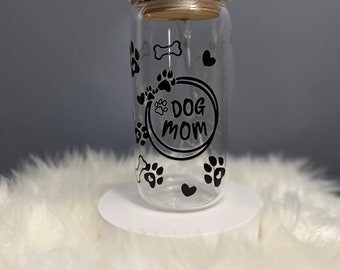 Dog Mom glass tumbler With Rhinestone lid