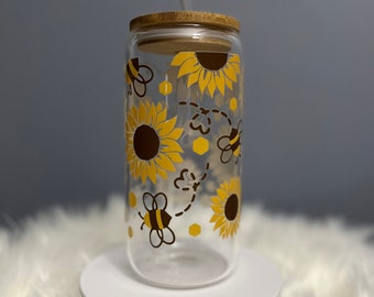Sunflower glass tumbler, bee tumbler, glass tumbler, glass can, glass bottle, summer